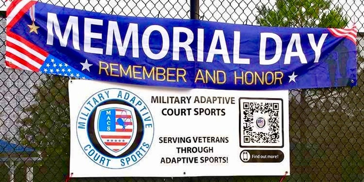Banners promoting Memorial Day and military adaptive court sports for veterans.