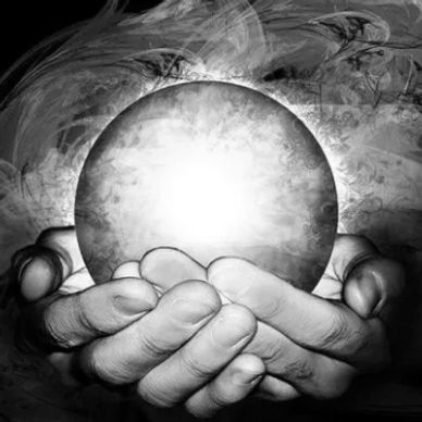 hand holding psychic crystal ball / psychic reading, mystical art.