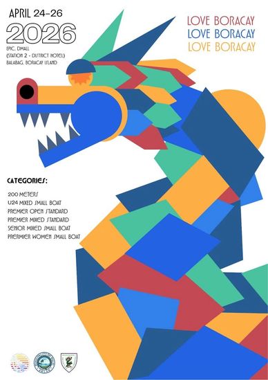 Colorful geometric dragon design promoting Boracay boat race event in April 2026.