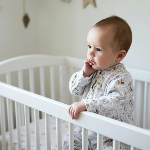Thoughtful baby standing in a white crib, wearing patterned pajamas.