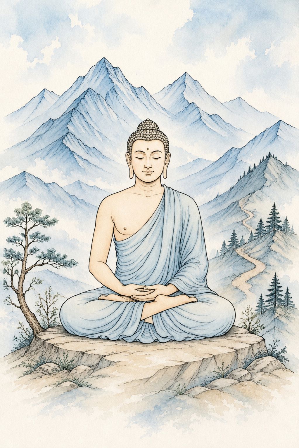 Peaceful Blue Buddha Line Art, Meditation Room Wall Print, Buddhist Mountain Decor.