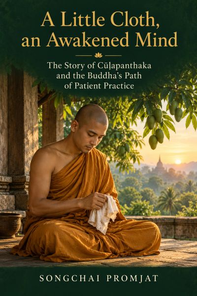 Monk in saffron robe holding a cloth in a serene outdoor setting.