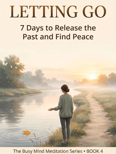 Woman releases a leaf into a river at sunrise for peace.