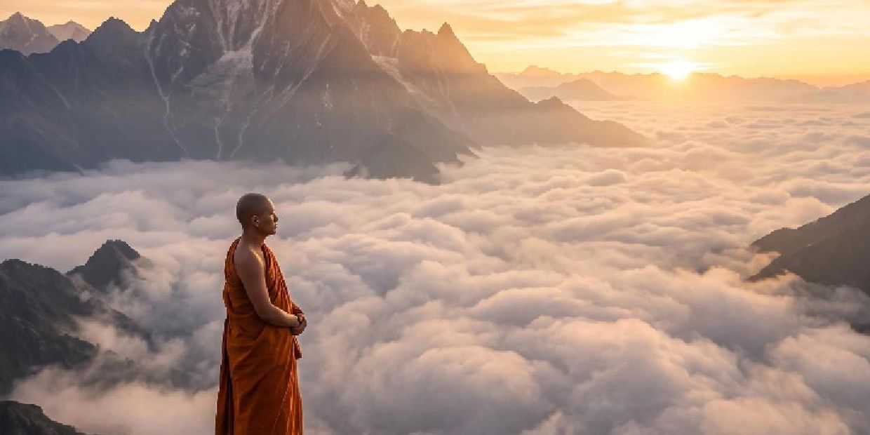 Monk meditating above the clouds at sunrise.