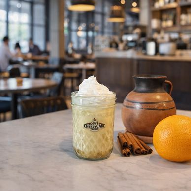 Whipped cream topped cheesecake drink in a cafe setting.