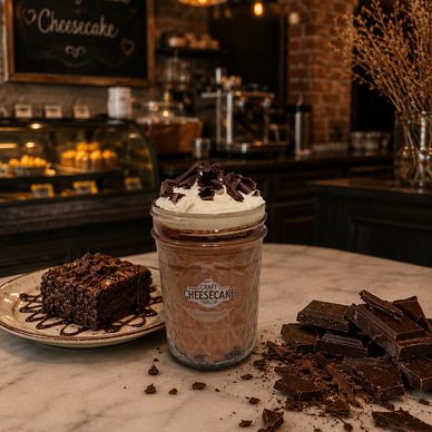 Chocolate drink with whipped cream and brownie in a cozy café setting.