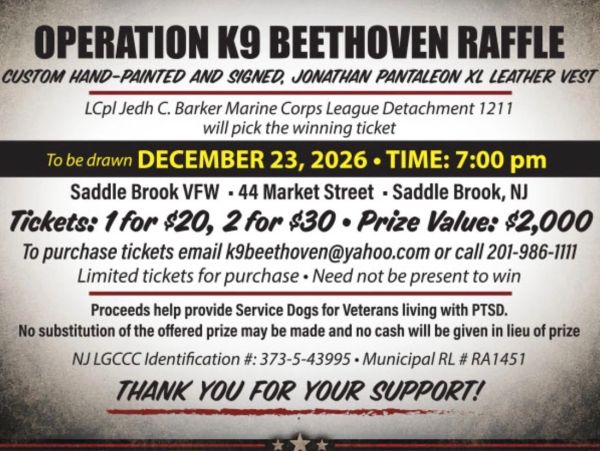 Raffle for a hand-painted leather vest supporting service dogs for veterans with PTSD.
