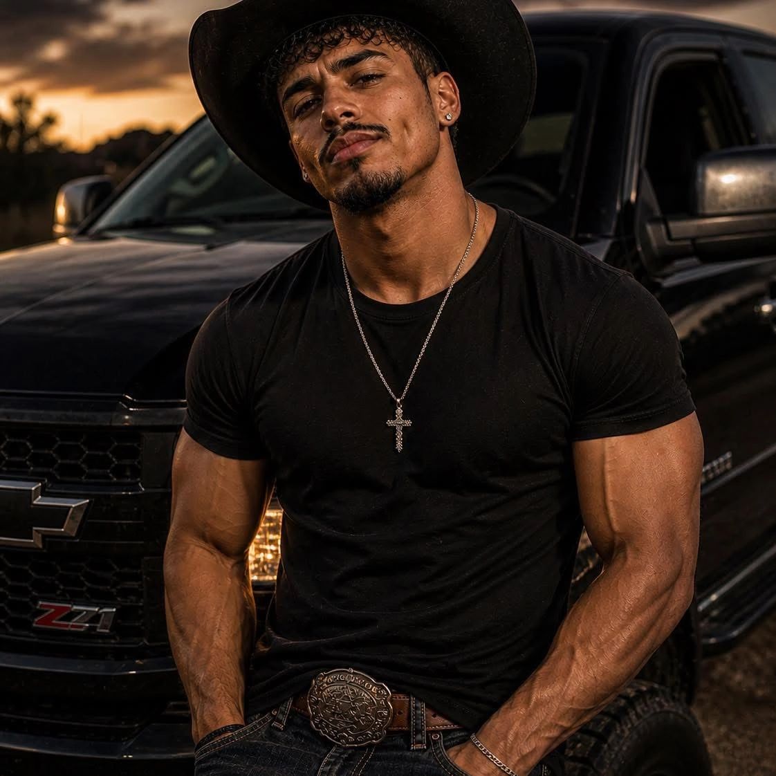 Official Jax Wilder artist portrait standing in front of a black pickup truck, 