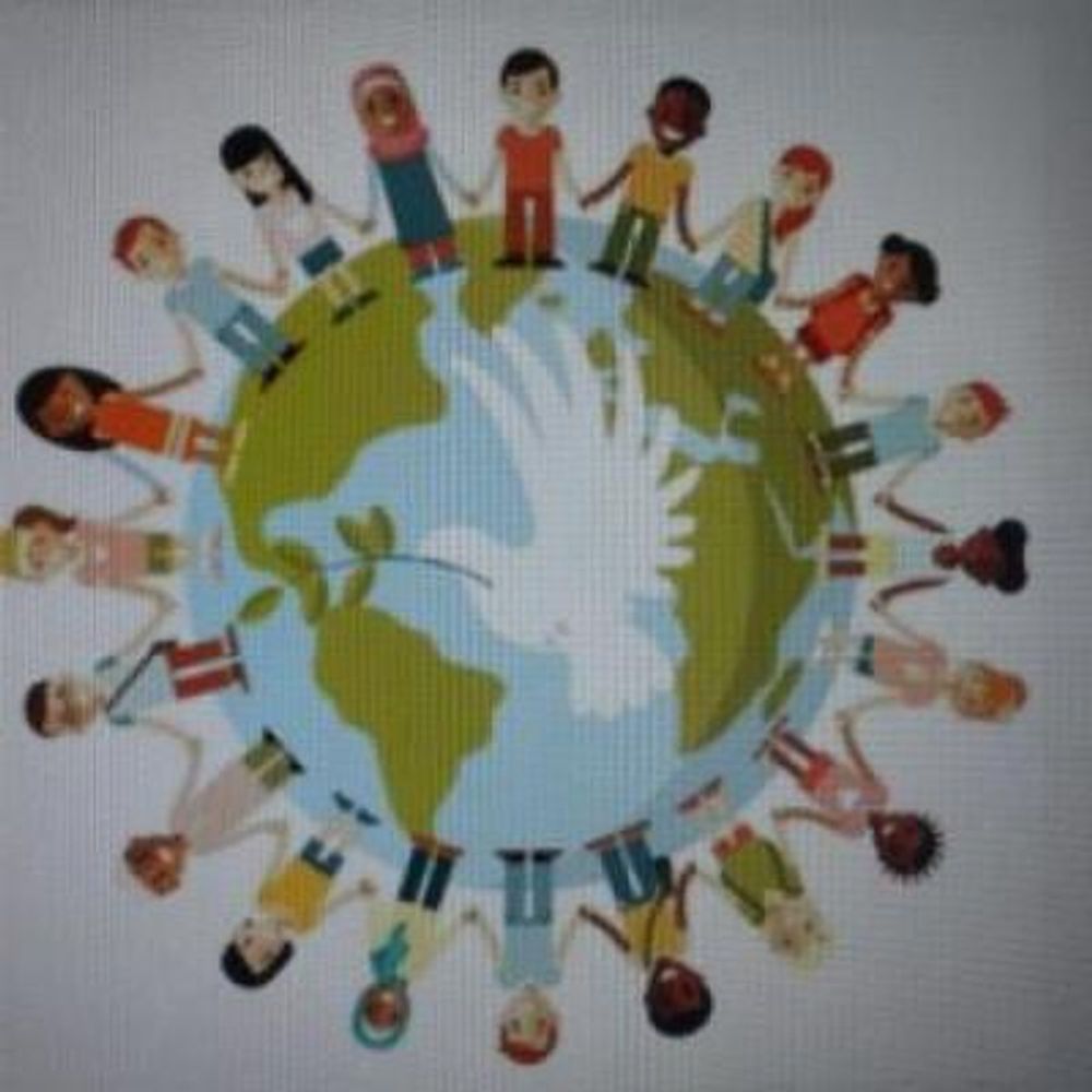Diverse children holding hands around Earth with a peace dove at the center.