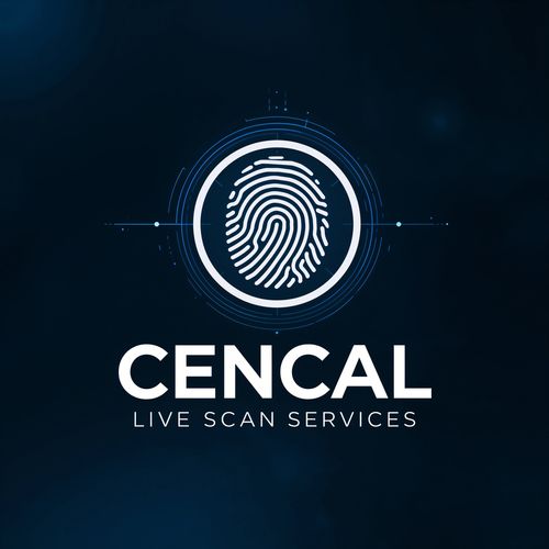 Logo for Cencal Live Scan Services featuring a fingerprint icon with digital scan elements.