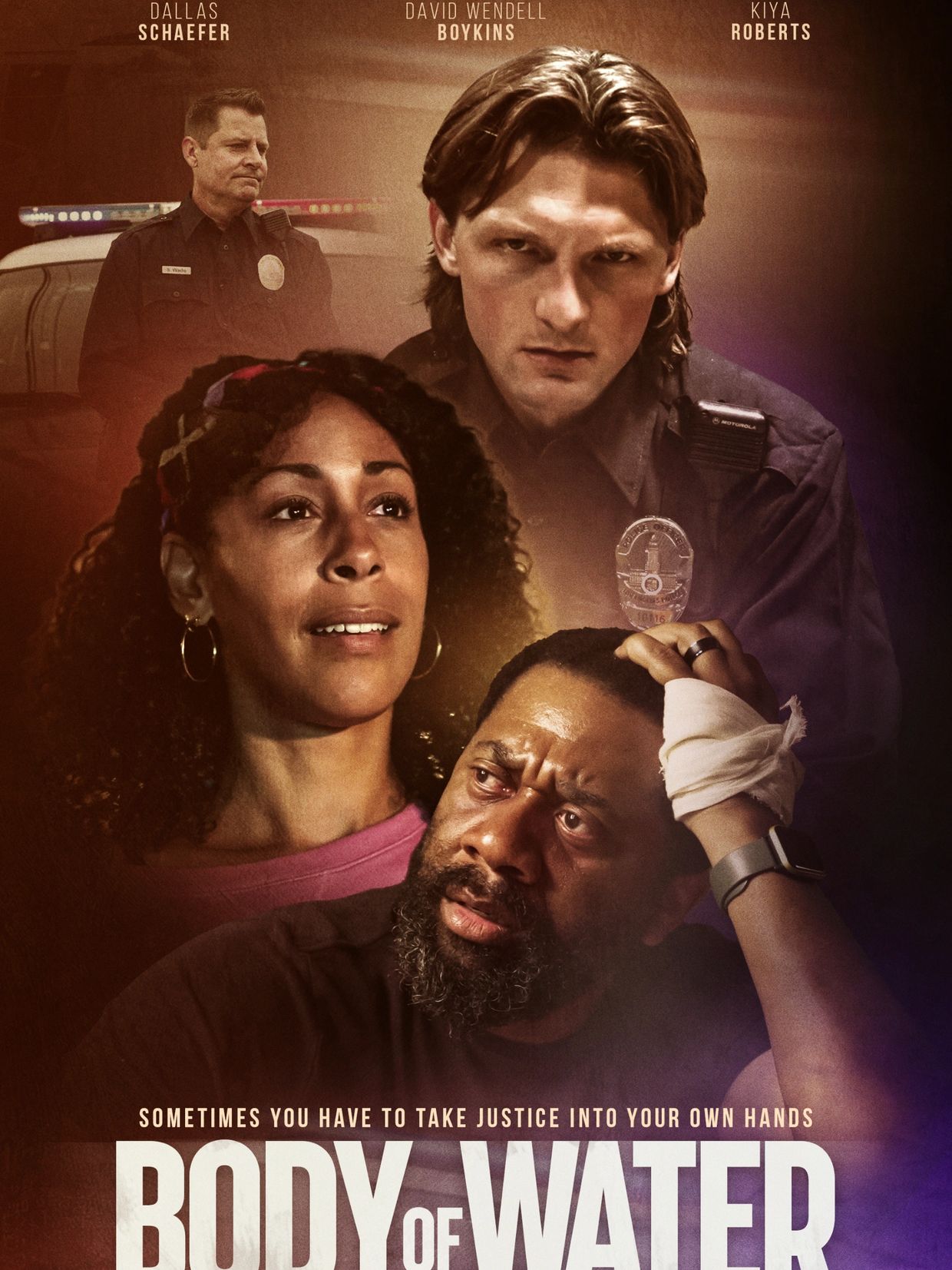 Movie poster for "Body of Water" featuring intense characters and a tagline about justice.