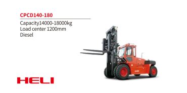 Red Heli diesel forklift with 14,000-18,000kg capacity and 1200mm load center.