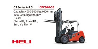 HELI G3 Series forklift with 4-5.5 ton capacity, diesel engine, and compliance with China III to Tier IV emissions.