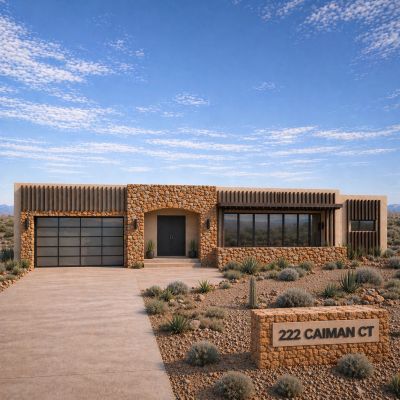 Modern desert house with stone facade and large glass windows.