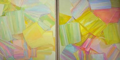 Abstract painting with overlapping pastel-colored geometric shapes.