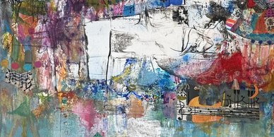 Abstract mixed media artwork with vibrant colors and textured layers.