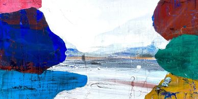 Abstract painting with bold blue, red, green, and yellow shapes on a textured white background.