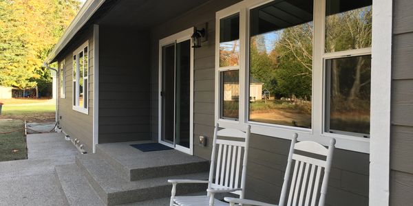 Steps and patio in exposed aggregate finish.