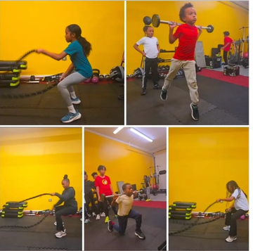 Kids exercising in a gym with bright yellow walls.