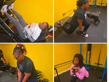 Four images of people exercising in a gym with yellow walls.