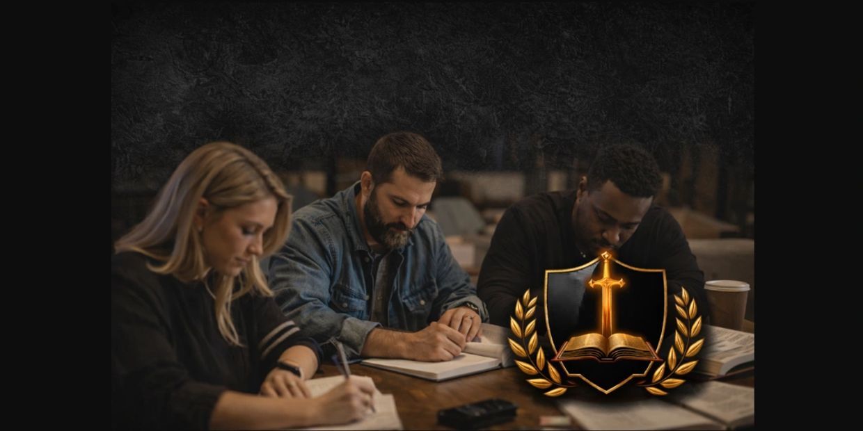 Three people studying together with a sword and book emblem overlay.
