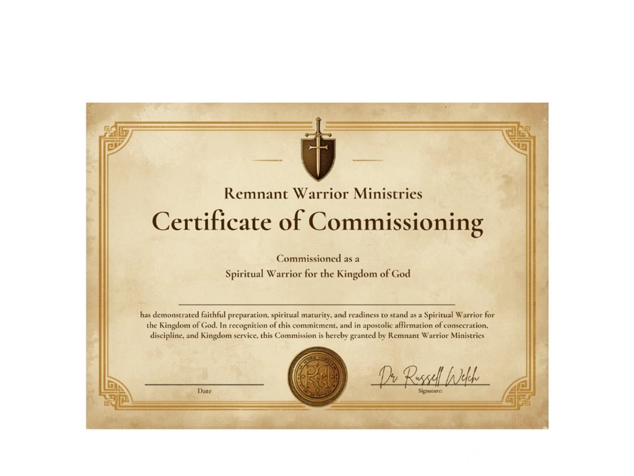 Certificate of Commissioning from Remnant Warrior Ministries for a Spiritual Warrior.