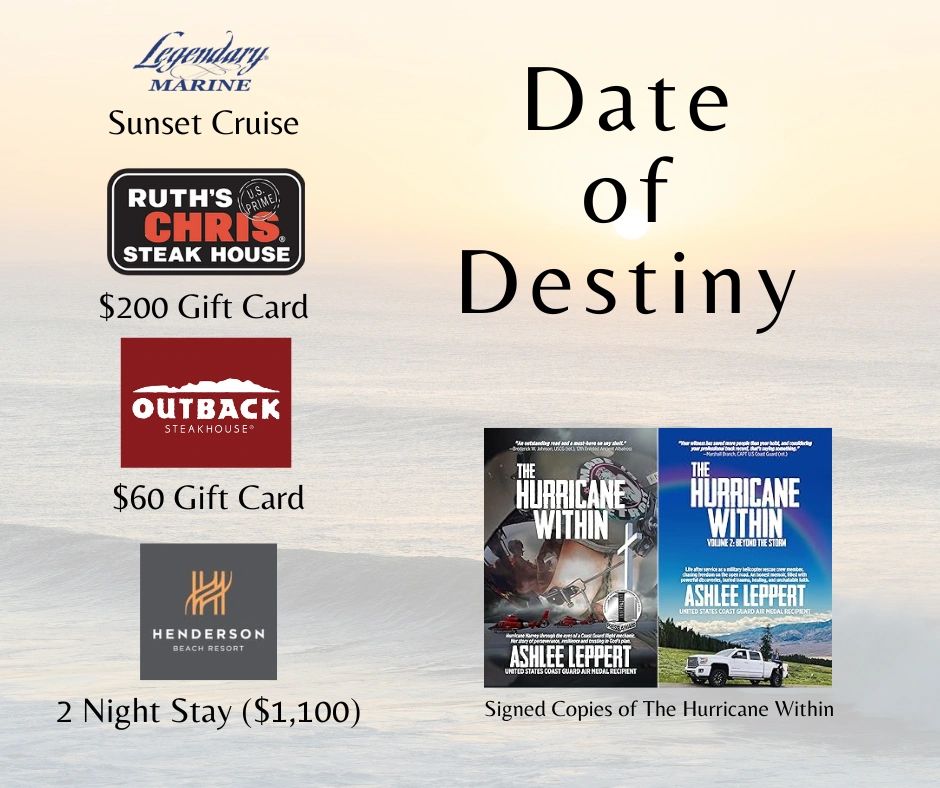 Promotional image showcasing prizes for a "Date of Destiny" event with gift cards, a stay, and signed books.