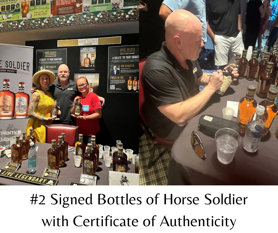 People showcasing and signing Horse Soldier whiskey bottles at an event booth.