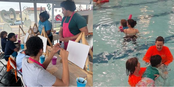 People painting in an art class and children swimming with adults in a pool.