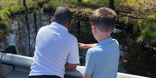 Two boys looking into a pond over a guardrail on a sunny day.