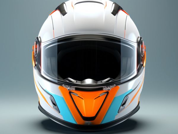 Futuristic motorcycle helmet with orange, blue, and white design.