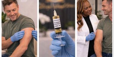 Man receiving a vaccine shot from a healthcare professional.