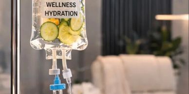 IV bag labeled Wellness Hydration with cucumber slices inside.