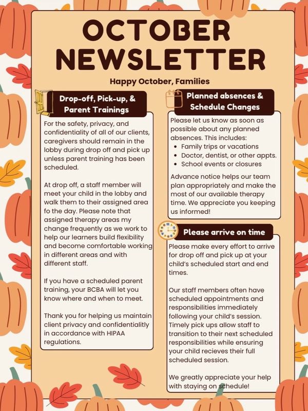 October newsletter with drop-off guidelines and schedule changes.