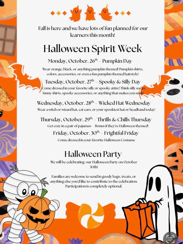 Halloween Spirit Week schedule with daily themes and a Halloween party on October 30th.