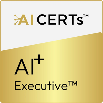 Gold and white AI CERTs Executive certification badge with a tech-inspired design.