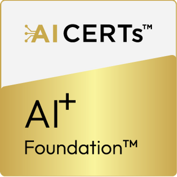 AI CERTs AI+ Foundation logo with gold and black text on white and gold background.