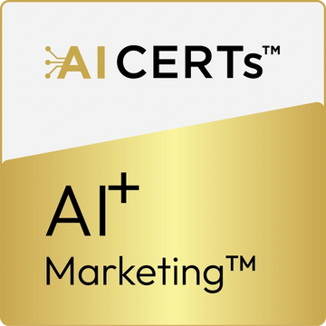 AI CERTs AI+ Marketing certification badge with gold and white design.