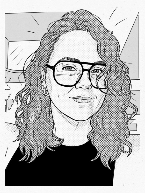 Black and white pop art portrait of a woman with curly hair and glasses.