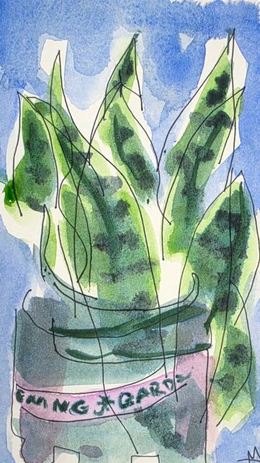 Abstract watercolor painting of green leaves in a pot.