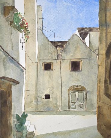 Watercolor painting of a sunlit old building courtyard.