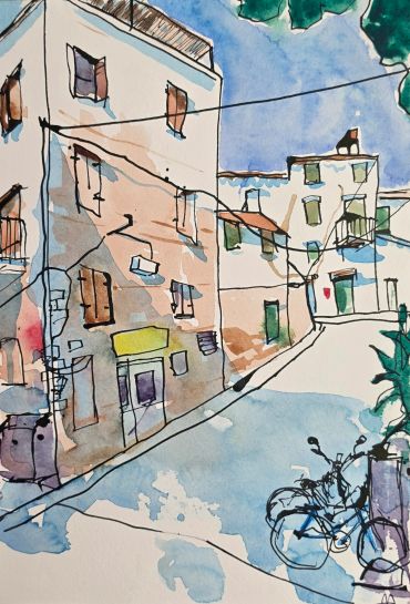 Watercolor painting of a street with buildings and a bicycle.