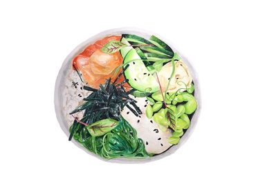 Watercolour painting of a poke bowl, seafood, rice, asian food