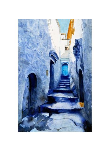 Watercolour painting of Morocco, blue colour