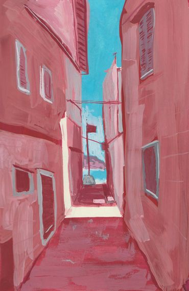 Pink painting of buildings