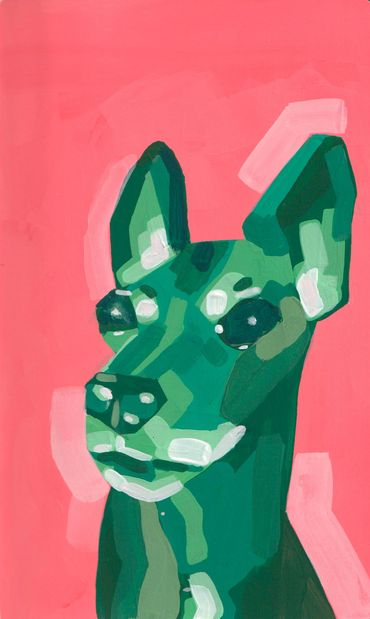 painting of a green dog with pink background