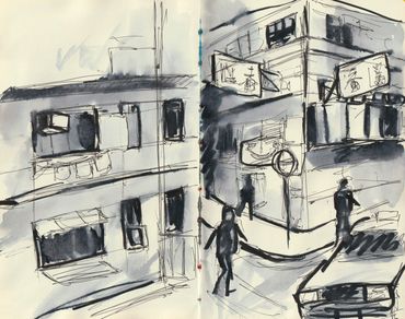 Pen sketch of a street scene