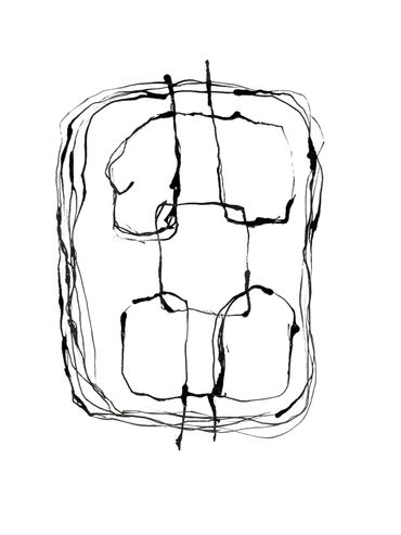 Abstract black ink lines forming irregular shapes on white background.