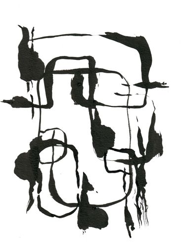 Abstract black ink lines and shapes on white background.