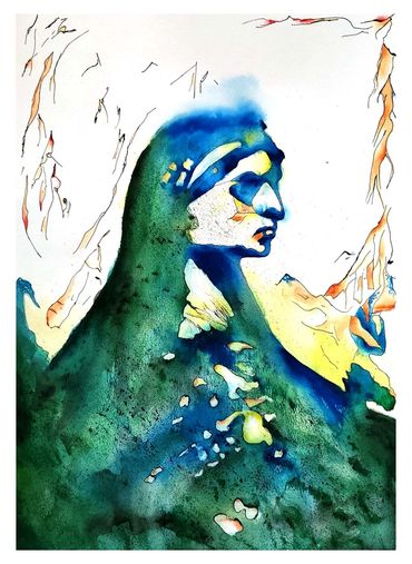 Watercolour painting of woman in blue